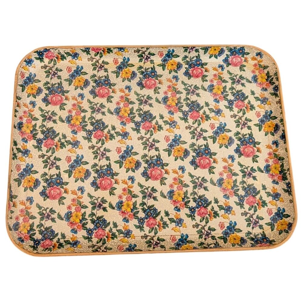 Vintage 50s Japanese Paper Mache Highmount Lacquer Floral Gilt Trim 14X10 Tray - Picture 2 of 10